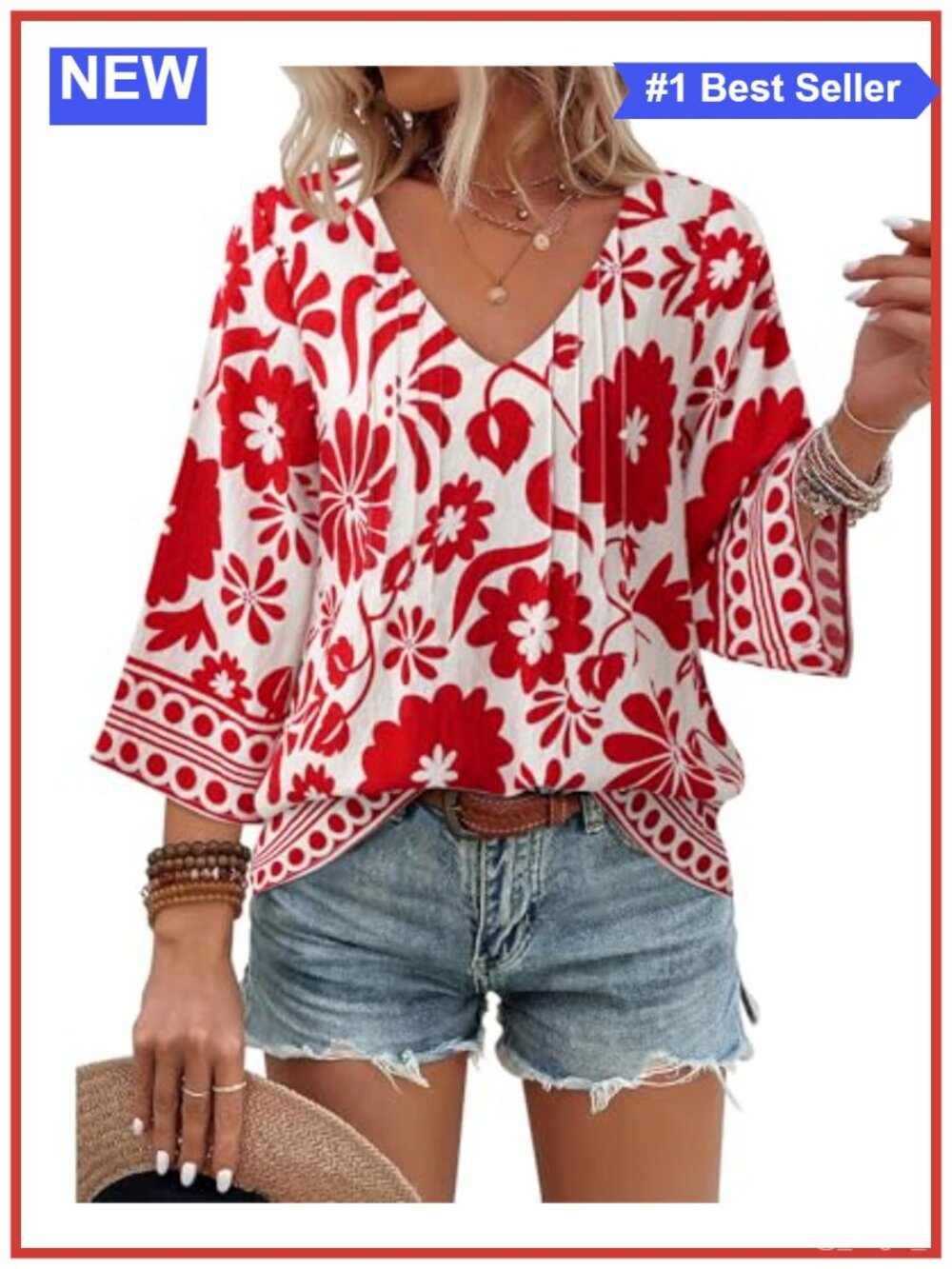 Women's Boho Floral 3/4 Bell Sleeve V-Neck Loose Fit Tunic Blouse